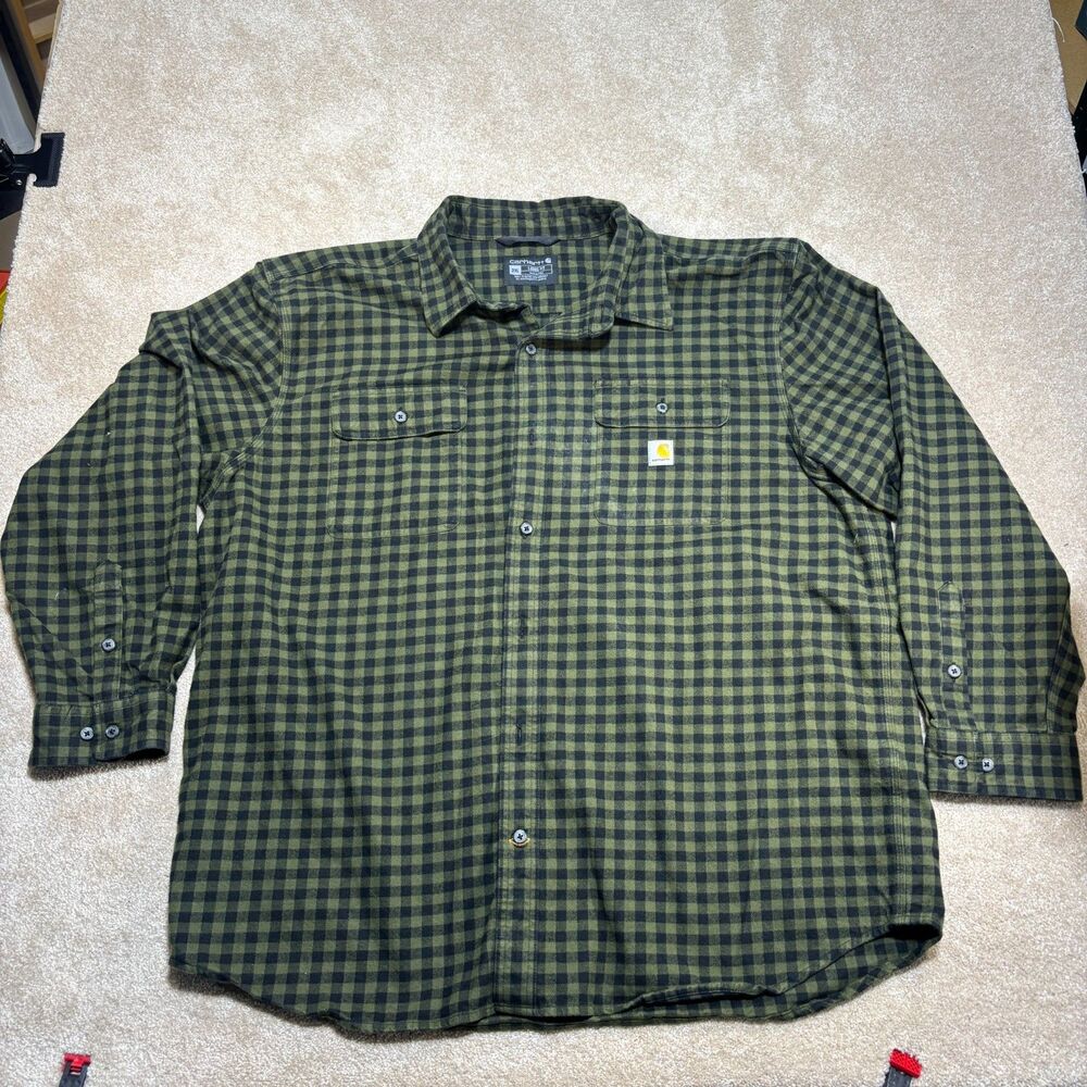 Carhartt Men's 2XL Loose Fit Flannel Plaid Green Button-Up Shirt